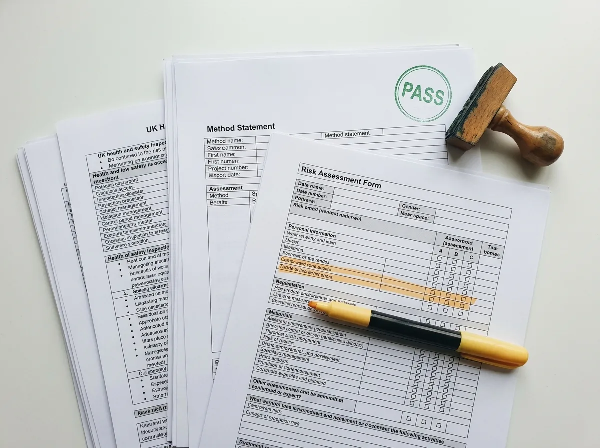 Health and safety documents laid out on a desk, the top sheet stamped PASS in green ink
